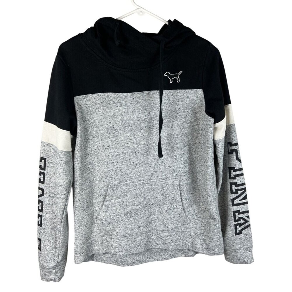 Victorias Secret Pink Colorblock Hoodie Sweatshirt Black/Gray Small